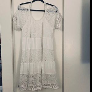 Women’s White Lace Midi Sundress w/ Straps & Off-Shoulder Sleeves | Medium